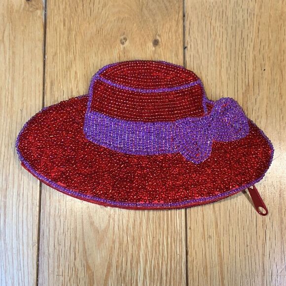 y2K Red sun Hat Beaded Coin Purse with Purple Sash - Picture 1 of 8